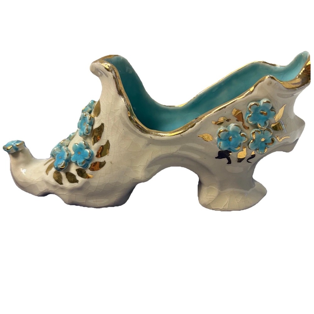 Vintage Ceramic Shoe Figurine Crackle Glaze Blue Flowers Gold Trim Trinket Dish